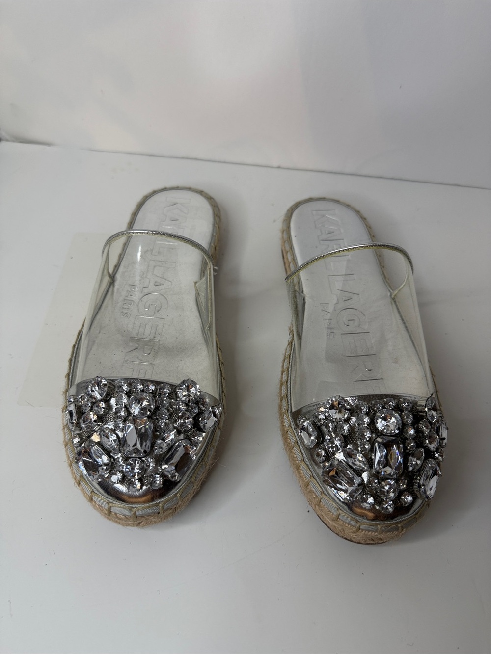Karl Lagerfeld Silver Jeweled Clear Strap Espadrille Slides